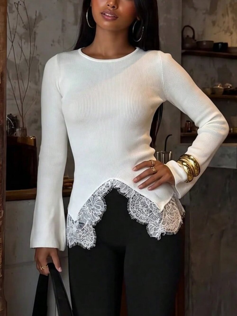 White Casual Women's Lace Patchwork Knit Sweater top